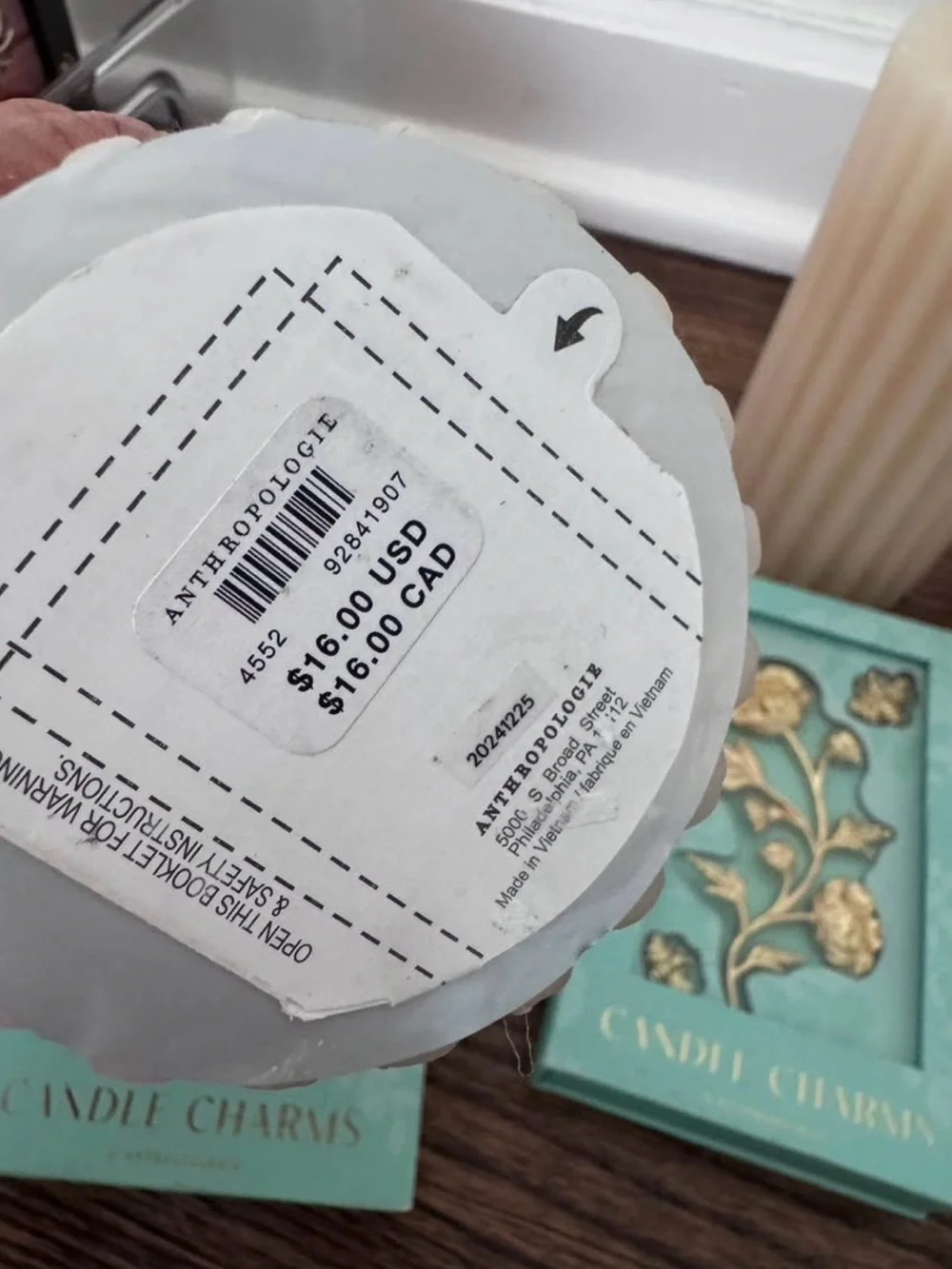 Anthropologie Cream Fluted Pillar Candles with Gold Floral Charms